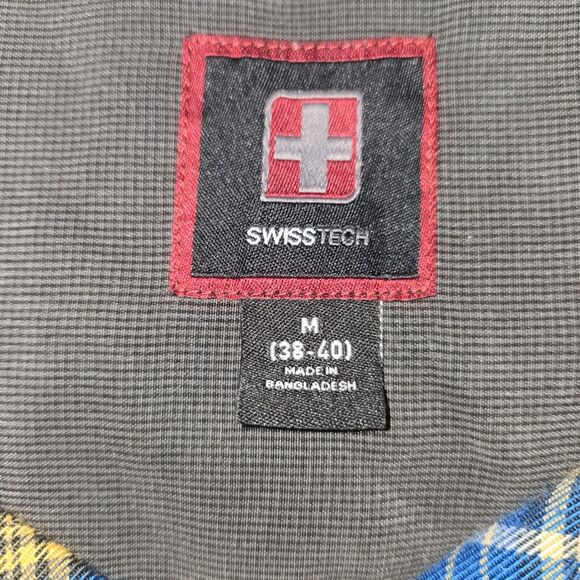 Swiss Tech Mens Medium 38-40 Button Down Shirt Flannel Blue Brown Plaid - Picture 2 of 11